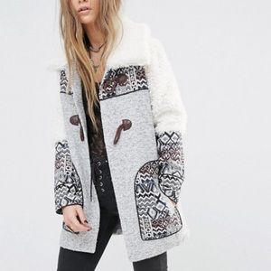 Woven Pattern Teddy Collar Coat - Gray/White